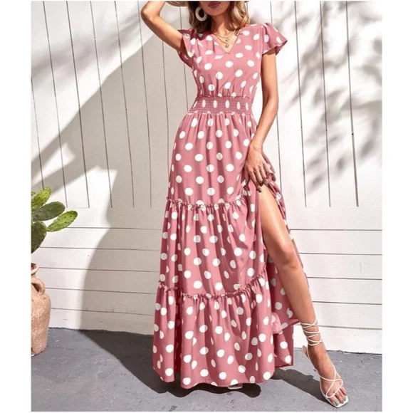 Boho Dusty PInk Polka Dot V neck Ruffle Maxi Dress